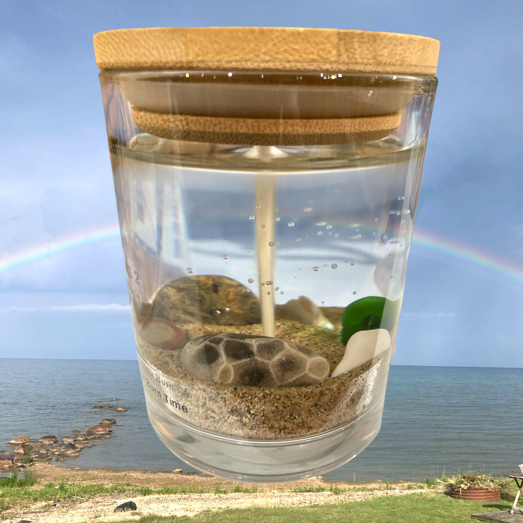 Lake Huron Michigan Petoskey Stone & Beach Glass Unscented Gel Candle